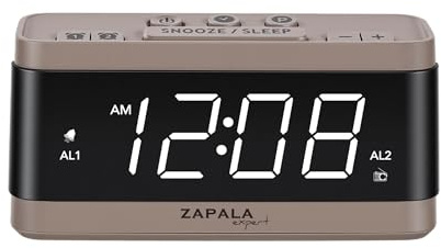 ZAPALA Expert Alarm Clock Radio, 2 Alarms Large LED Display Digital FM Clock Radio with USB Charging Port, Adjustable Volume & Dimmer, Snooze for Deep Sleepers Kids (Brown)