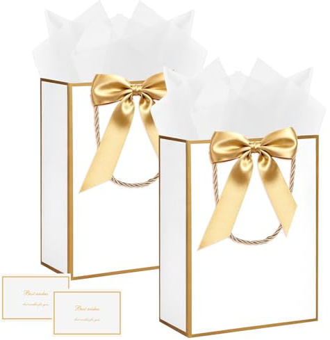 APXEL Bolsas de Regalo Blanco, 2 Piezas Juego Bolsas Regalo con 2 Lazos, 2 Tarjeta de Felicitación y 2 Pañuelos, 22 x 29 x 10 cm, Bolsa de Papel Cumpleaños para Fiestas, Cumpleaños y Bodas