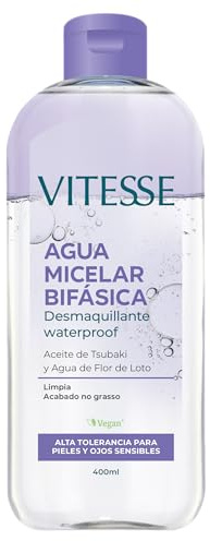 Vitesse, Agua Micelar Bifásica, Desmaquillante Waterproof Bifásico para Ojos y Labios, con Aceite de Tsubaki y Agua de Flor de Loto, Limpia Profundamente e Hidrata, Acabado No Graso, 400 ml