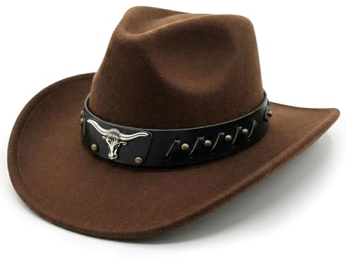 REDSTAR Western Cowboy Hat for Men and Women - Wide Brim Texan Cowboy Hat with Bulls Head Detail Country and Western Fancy Dress Accessory - Cowgirl or Cow Boy Costume Headwear for Wild West