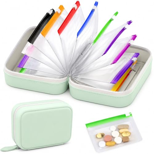 RhiVrillion Set de 14 Bolsas Impermeables para Pastillas, Pastillero Semanal para Vitaminas y Medicamentos, Organizador de Pastillas Portátil para Viajes, Caja Medicamentos Reutilizable(Verde)
