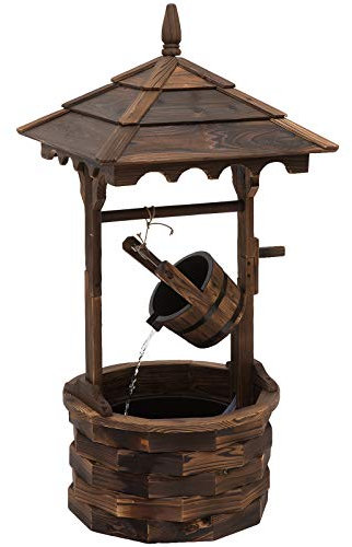 Outsunny Wooden Garden Wishing Well Fountain Barrel Waterfall Rustic Wood with Pump Garden Décor Ornament