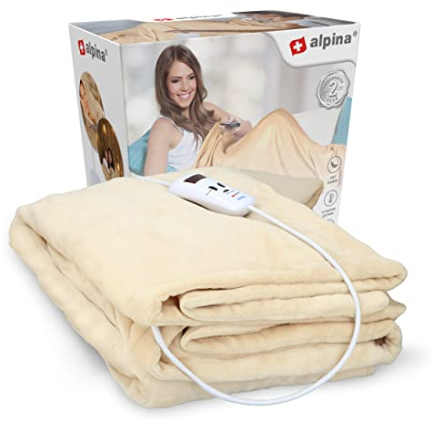 Alpina Elektrischer Heizdecke - Wärmedecke 180 x 130 cm - Wärmeunterbett 180W - Beheizbare Decke mit 10 Wärme Einstellungen - Waschmaschinenfest - Timer vond 1 bis 9 Stunden - Polyester - Beige