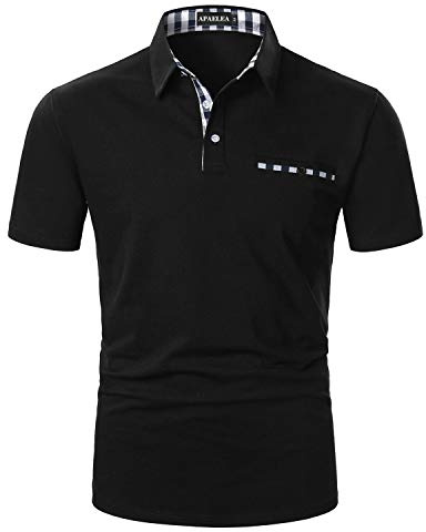 APAELEA Polo Uomo Manica Corta Estivo T-Shirt da Golf a Contrasto Maglietta da Rugby,Nero,M