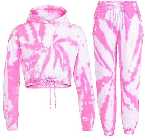 A2Z 4 Kids Girls Tie Dye Tracksuit Crop Hooded Sweatpants - T.S 314 Tie Dye Pink 11-12