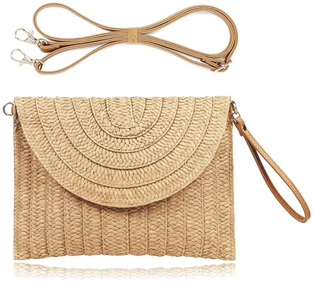 COOKOOKY Straw Clutch Handbag Summer Beach Straw Purse for Women woven Envelope Bag (Light brown bag)