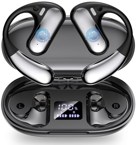 EUQQ Bluetooth Kopfhörer Sport, Open Ear Kabellos Kopfhörer Bluetooth 5.4 mit Ohrhaken, 40 Stunde Spielzeit mit LED-Anzeige, HiFi Stereo Ohrhörer mit HD Mic, Touch Control, IP7 Wasserdicht Ohrhörer