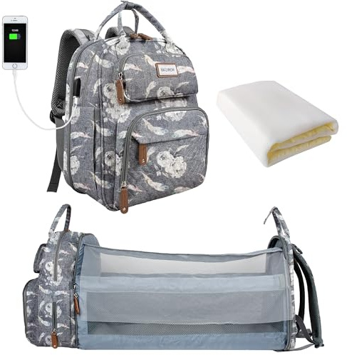SNDMOR sac à langer pour bébé sac à dos, sacs à langer grande capacité, sac à langer de voyage portable avec lit pliable, mode imperméable (Plumes)