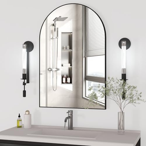 CASSILANDO Arched Wall Mirror, 60 x 90 cm Black Bathroom Mirror, Large Makeup Mirror with Aluminum Alloy Frame for Entryway, Fireplace, Bedroom (Black)