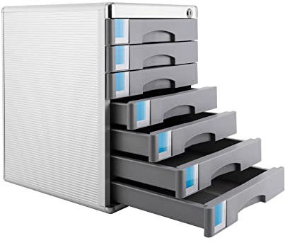 OUKANING Ablagebox mit 7 Schubladen - Schubladenbox mit hoher Kapazität Schubladenschrank Stahlschrank Metall Schubladenbox Abschließbar Dokumenten Aufbewahrung Ablagebox 31.5x35x29.8cm