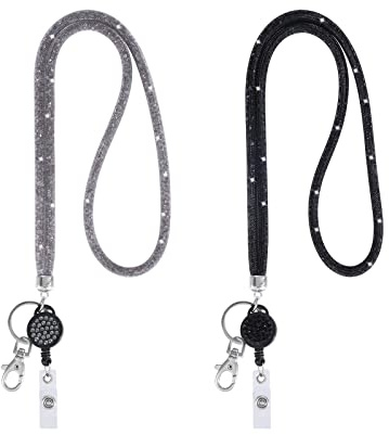 Tunejoy Collier de Lanière en Cristal Lanière Porte-badge Rétractable avec Porte-Clés Bling Cordons Tour de Cou pour Bureau, Exposition, école 2Pcs (Noir, Gris)