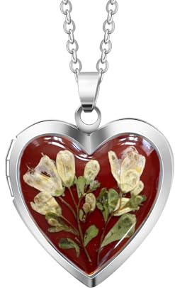 Floral Memories Heart Real Flower Photo Locket Necklace (White-Red, Silver)