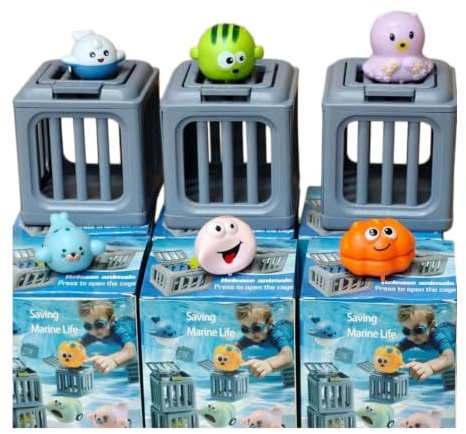 6Pcs Swimming Pool Diving Toys, Underwater Dive Rescue Game with 6 Ocean Animals 6 Dive Cages, Bath Toy Play Set with Fish Box Search Summer Water Games Set