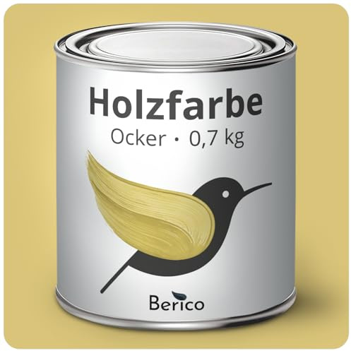 Berico Holzfarbe - Ocker Senfgelb Buttergelb - 0,7 Kg - 4in1 Premium Holzlack inkl. Grundierung & Decklack - Für Innen und Außen - Robust & Wetterfest