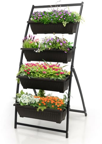 HOMASIS Jardinera Vertical de Exterior con 4 Macetas, Huerto Elevado con Peldaños y Estructura de Metal, Estante para Hierbas, Flores o Verduras en Patio (Negro, 76 x 70,5 x 160 cm)