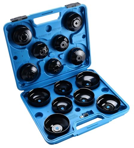 BOOMSTART 15-tlg. Universal Ölfilter Schlüssel Set - 14 Ölfilterkappen (65-100 mm) aus Stahlblech + 3/8 & 1/2 Adapter - Ölfilterschlüssel für alle gängigen Filter