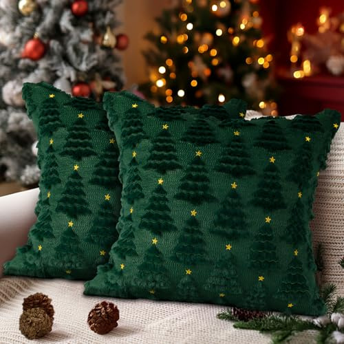 Lanpn Christmas 40x40 Throw Pillow Covers Set of 2, Winter Star Chrismas Tree Throw Pillow Cases Soft Plush Faux Fur Wool 16 x 16 Winter Cushion Cover for Indoor Home Bedroom Couch Sofa Decor (Green)