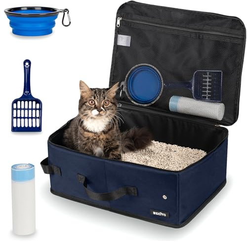 Portable Cat Travel Litter Box with Lid and 10 Pcs Disposable Liner Bags, Leak-Proof & Collapsible, Easy Clean Odor-Control Cat Travel Essentials for Car, Hotel, Airplane, Camping,Trips Navy
