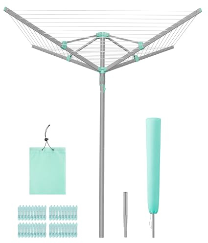 SONGMICS Wäschespinne, Wäscheständer, drehbar, klappbar, draußen, Garten, mit Wäscheklammern, Schutzhülle, silbern, 50 m Wäscheleine, für 5 Waschladungen LLR307EZ01