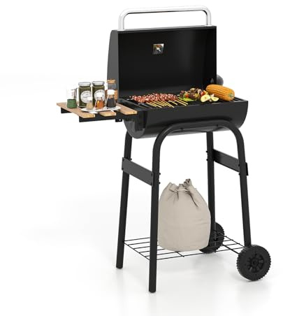 KOMFOTTEU Barbecue a carbonella con tavoli laterali pieghevoli e ruote, carrello barbecue con termometro integrato e vano portaoggetti, barbecue a fumo da esterno