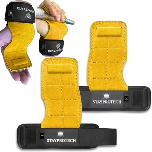 STAYPROTECH Leather Gym Grips & Lifting Wrist Straps – Hand Grips for Weight Lifting, Pull Ups & CrossFit – Leather Lifting Straps with Wrist Support for Men & Women.