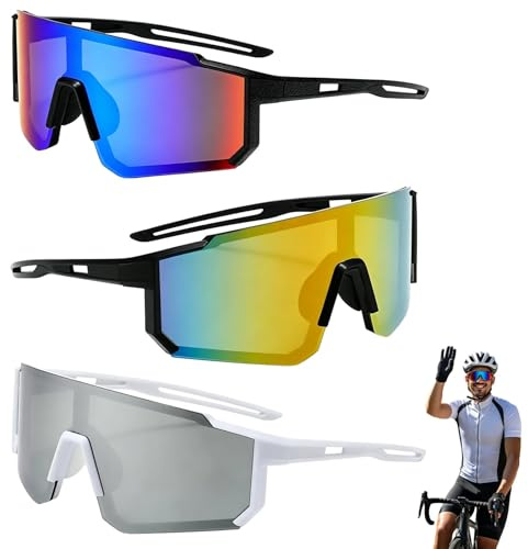 Lot de 3 Lunettes de Soleil Sport Homme Femme, Lunettes de Vélo Polarisées | Lunette de Soleil Sport Polarisée, Protection UV 400, pour Moto Course Ski Baseball, Protection Contre Vent et Soleil