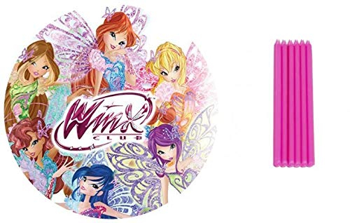 CIALDA PER TORTE SU OSTIA WINX ROTONDA CON 12 CANDELE STELO FUCSIA