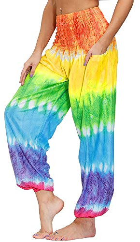 Nuofengkudu Harem Baggy Trousers for Women UK with Pockets Hippie Boho Patterned Vintage Elasticated High Waist Comy Relaxed Casual Lounge Yoga Pants Walking Summer Beach Holiday,Tie-Dyed D