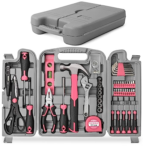 Hi-Spec 56pc Pink Tool Kit Home & Office DIY Tool Set Complete Household Tool Box with Essential Hand Tools for Basic Repairs, Maintenance & Home Improvement