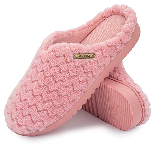 LongBay Women's Flannel Slippers Soft Memory Foam Slip on House Shoes Indoor Outdoor（9-10，Pink）