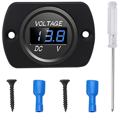 YIXISI Voltmetro per Auto Impermeabile DC 12V 24V con Schermo Digitale a LED e Piastra di Montaggio, Misuratore di Tensione Rotondo con Terminali per Barca Veicolo Motociclo Camion ATV UTV, Blu