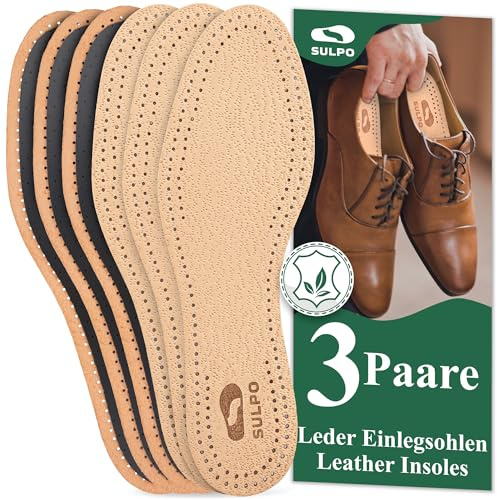 SULPO - Lot de 3 paires de semelles intérieures en cuir véritable de qualité supérieure - Au charbon actif - Absorbent les odeurs - Anti-transpiration - Respirantes