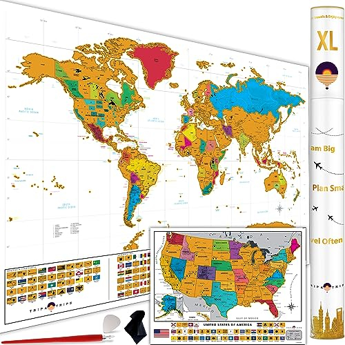 XL Weltkarte zum Rubbeln mit 233 Flaggen - 91,4 x 61 cm Rubbelkarte der Welt + Rubbelkarte USA - Einfach zu rahmende Weltkarte zum Rubbeln + Werkzeuge - Reisekarte Rubbeln Weiß - Geschenk für Reisende