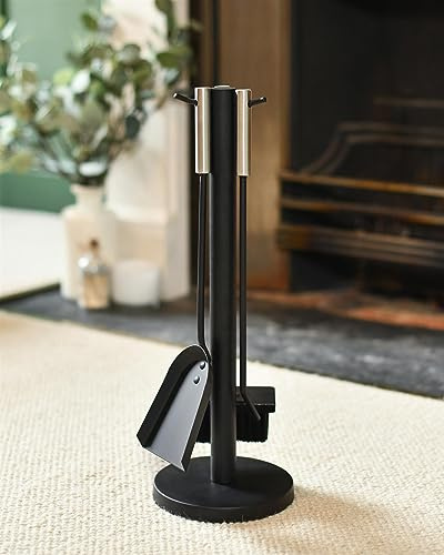 Contemporary Three Piece Fireplace Accessories Companion Set with Brushed Steel Handles - Fireside Tools with Poker, Brush and Pan- Elegant and Functional Fireside Companion Set for Fire Log Burner