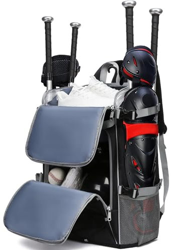 FOKDUVB Baseball Softball Catchers Gear Bag for Helmet Chest Protector Leg Guards Cleats Large Baseball Softball Bat Backpack for Boys Girls Catchers Equipment Bag for Youth Adult Black Gray Solid