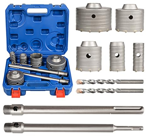9-teiliges SDS Plus & SDS Max Bohrkronen Set – Kronenbohrer Beton Ø30/40/65/80/100 mm mit 300 mm Schaft, Bohrkrone SDS Plus & SDS Max für Beton, Mauer Bohrer inkl. SDS Max Bohrkronenadapter