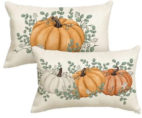 Artoid Mode Citrouilles Oranges Eucalyptus Housses de Coussin d'automne Lot de 2, Décoration Saisonnière pour Le Salon 30 x 50 cm