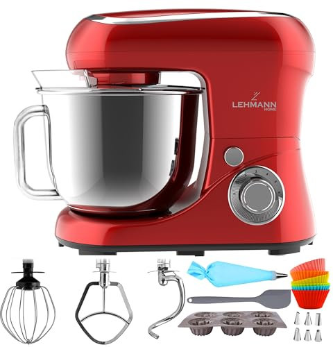 LEHMANN Robot Pâtissier Multifonction 2200 W, Robot Culinaire à Mouvement Planétaire avec Fouet, Batteur, Crochet, Bol d'Acier Inoxydable 5 Litres, 6 Vitesses et Fonction Pulse, Rouge