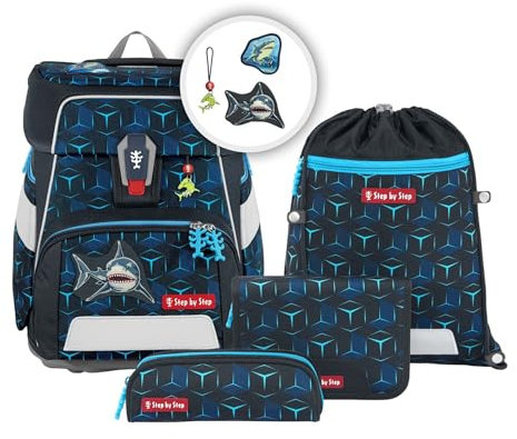 Step by Step Schulranzen-Set Space Shine „Shark Dexter“ 5-teilig, ergonomischer Tornister aus reflektierendem Material, höhenverstellbar, ab 1. Klasse, 20L, blau-schwarz, Hai