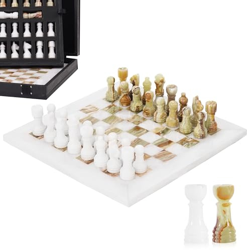 Jeu d'échecs en marbre pour Adultes - 25,4 cm - Fait à la Main - Onyx Blanc et Vert - avec 32 pièces d'échecs, 2 Reines supplémentaires et boîte de Rangement - Jeu de Voyage de Luxe - Élégant pour