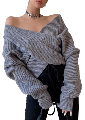 Cache Coeur Femme Manche Longue Thermique Col V Plongeant Sexy Chic et Élégant Soirée Pullover Tricoté Côtelé à la Mode Fin Décolleté Chandail (Gris, Taille Unique)