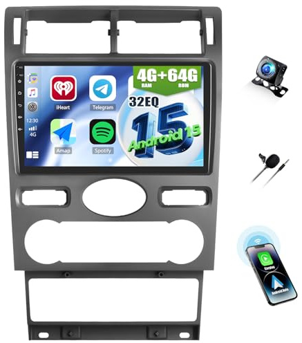 CAMECHO 4+64G 9 Pulgadas Autorradio para Ford Mondeo 2004-2007 con CámaraTrasera, Android 15 Wireless Carplay Bluetooth Radio con Android Auto WiFi GPS FM/RDS Mirror Link +IPS HD Pantalla Táctil