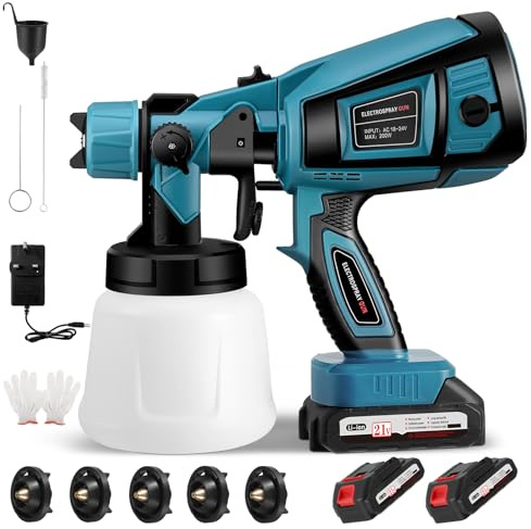 Jradse Pulverizador de Pintura Inalámbrico, Pulverizador Eléctrico HVLP para Cercas con 2 Baterías de 3000 mAh, 5 Boquillas y 3 Patrones para Cobertizos, Paredes, Techos, Armarios y Puertas