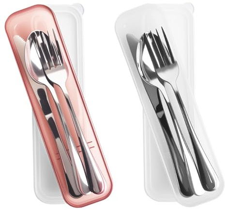 Mnsconkl Set di stoviglie da campeggio per 2 persone, posate da viaggio in acciaio inox con custodia, cucchiaio, forchetta, coltello, posate da campeggio per viaggi, attività （Rosso Bianco ）
