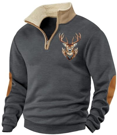 Générique Sweat-shirt imprimé cerf de chasse pour homme avec boutonnière 1/4 à manches longues vintage haut d'hiver col montant coupe ample pull d'hiver surdimensionné travail vêtement homme