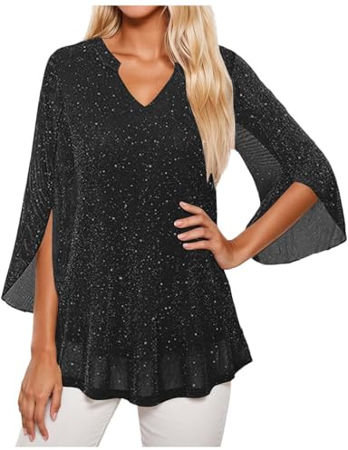 Paljetttoppar för kvinnor glittrande v-ringad t-shirts 3/4 ärm toppar glitter elegant fest volang blusar damer blommiga lösa blusar glittrande kväll nät bröllop gå ut bal cocktail karneval skjortor