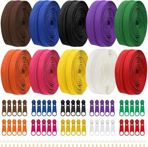 Dwitkul Juego de Cremalleras de Nailon por Metro 30 m 10 Colores Continua con Cremallera con Deslizador y Cremallera Divisible de Nailon de 2.6 cm para Costura Manualidades Ropa y Bolsos (Brillante)