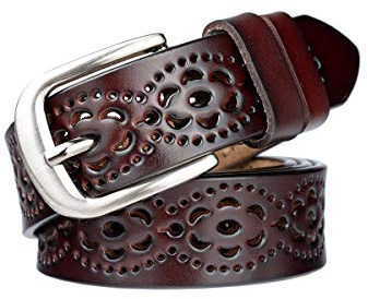 lalafancy Ceinture Vintage Véritable en cuir de vachette pour femme Mode Creuse Fleur Design Ceinture pour femme avec boucle en alliage pour Jean (Café noir)