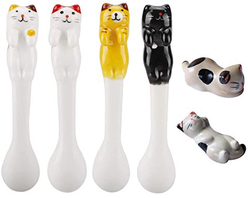 Smavles Cuillères à Thé 4 Pcs Cuisine à Domicile Cuillère à Café Céramique Cuillère à Chat et 2 Repose Baguettes pour Thé, Lait, Café, Dessert, Boisson, Milk Shake