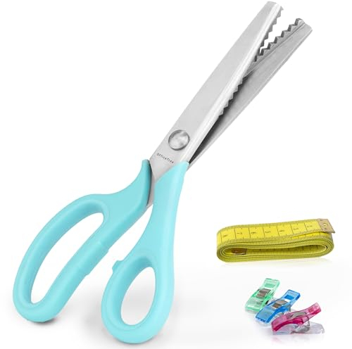OfficeTree Zickzackschere Stoff Set - 20x Stoffklammern & 1x Maßband - Zackenschere Stoffschere Zickzack - Hochwertige Zick Zack Schere für Näharbeiten, Hobby & Basteln mit Nähzubehör Türkis